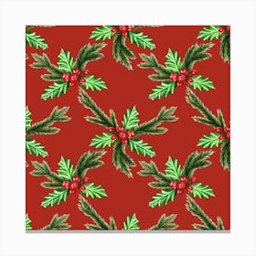 Seamless Pattern from Mistletoe and Conifer on Red Canvas Print