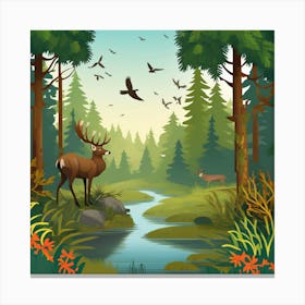 Deer In The Forest, A Serene Forest Landscape With Wildlife Living In Harmony Canvas Print