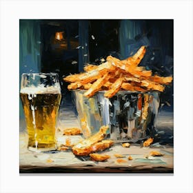 One Beer And French Fries Badge Hand Drawn Oil 0 Canvas Print