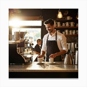 Cafe Interior Early Morning Barista Clad In A Crisp Apron With Visible Badges Of Skill Steam Waft (2) Canvas Print