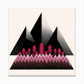 Title: "Nocturnal Geometry: Pines in the Shadows"  Description: "Nocturnal Geometry: Pines in the Shadows" showcases a striking contrast of black geometric mountains against a field of vibrant pink pines. The artwork's sharp angles and the smooth gradient of dots create an abstract representation of nightfall in a stylized forest. The visual play of textures and patterns draws the eye, while the bold monochromatic peaks stand sentinel over the vivid undergrowth. Set upon a warm, light background, the piece conjures a sense of mystery and the silent drama of the wilderness after dusk. This piece is a modern tribute to the beauty of the night, captured in a minimalist yet impactful style. Canvas Print