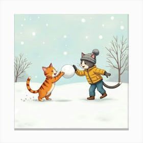 Cat And Human Having A Playful Snowball Fight, Watercolor Style 1 Canvas Print