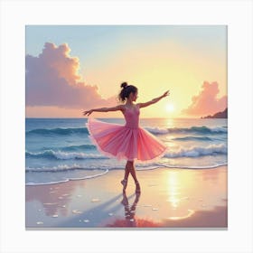 Watercolor Ballerina On A Tranquil Beach At Dusk 1 Canvas Print