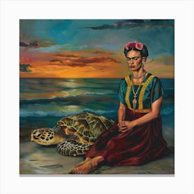 Frida Kahlo With Sea Turtle. Animal Conservation Series Canvas Print
