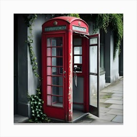 A Worn, Crimson Hued Telephone Booth With A Slightly Distressed, Retro Aesthetic, Its Once Bright Red Paint Chipped And Faded, Revealing Hints Of Rust And Decay, Situated On A Worn, Grey Stone Sidewalk, Surrounded By Lush Greenery, (2) Canvas Print