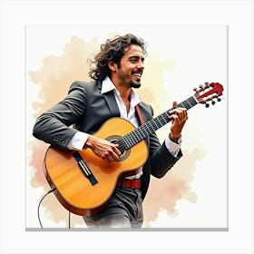 Spanish Flamenco Guitarist Playing Passionately, Rendered In Watercolor Canvas Print