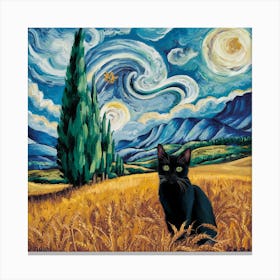 A Wheatfield With Cypresses Inspired With Black Cat Portrait Canvas Print