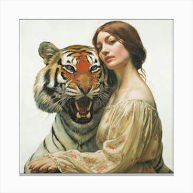 Tiger And Woman Canvas Print