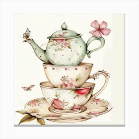 Tea Cups And Teapot Watercolor Pastel Colors Canvas Print