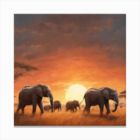 Elephants At Sunset Canvas Print