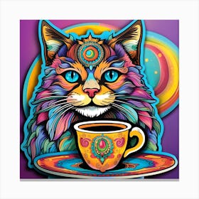 Cat With A Cup Of Coffee Whimsical Psychedelic Bohemian Enlightenment Print 9 Canvas Print