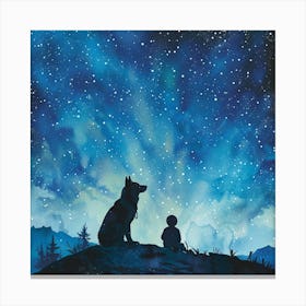 The Silhouette Of An Alaskan Sled Dog And A Child, Gazing Up At The Starry Sky Lienzo