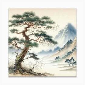 A landscape with tree and mountains in watercolor painting art Canvas Print