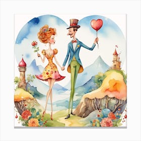 Watercolor Illustration Of A Couple Cartoon Love Funny Canvas Print