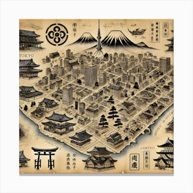 Tokyo Antique Map Japanese Medieval Cartography Vintage Samurai Style Artwork Canvas Print