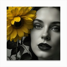 Black And White Portrait Of A Woman With Sunflower Canvas Print