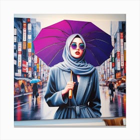 A Colorful and Realistic Portrait of a Woman in Hijab on a Rainy Tokyo Street Canvas Print