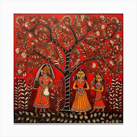Traditional Painting, Oil On Canvas, Red Color Madhubani Painting Indian Traditional Style Canvas Print