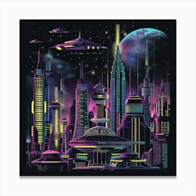 Design A Retro Futuristic T Shirt Featuring A Vibrant, Neon Colored Skyline Against A Dark Background, Capturing The Essence Of 70s And 80s Sci Fi With Futuristic Cities, Flying Cars, Domed Buildings, And Towe 1 Toile