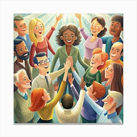 United In Celebration: A Diverse Group Of People High Five, Radiating Joy And Unity Canvas Print