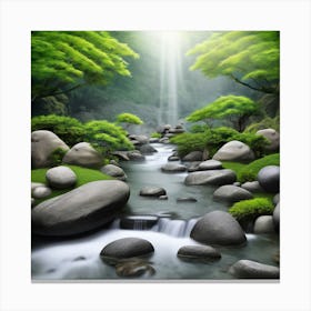 Azure Stream, A Serene Zen Garden With Flowing Water And Rocks Symbolizing Tranquility And Equilibrium Canvas Print