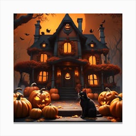 Halloween House With Pumpkins Canvas Print