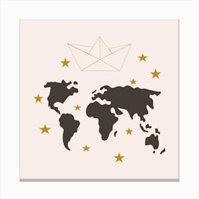 Paper Boat And World Map Square Canvas Print