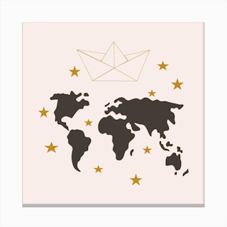 Paper Boat And World Map Square Canvas Print