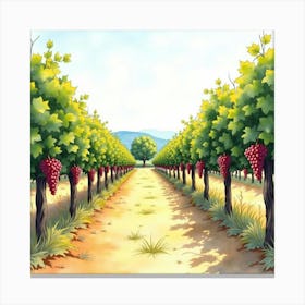 Peaceful Watercolor Of An Italian Vineyard At Harvest Time With Ripe Grapes 1 Canvas Print