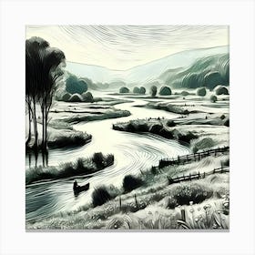 An Impressionist Illustration Depicts A River Winding Through A Meadow Featuring A Thick Black Outline 2 Canvas Print