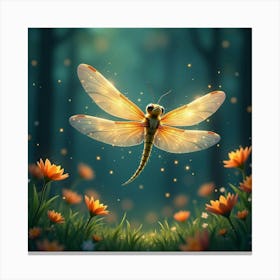 A Whimsical Dragonfly With Wings Of Glowing, Fractal Light Hovering Over A Magical Meadow Canvas Print