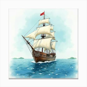 Majestic Galleon Navigating Watercolor Peaceful Seas 1 Canvas Print