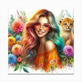 Girl With Cat And Flowers Canvas Print