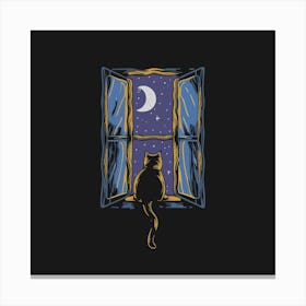 Cat Looking Out The Window Moon Stars Silhouette Canvas Print