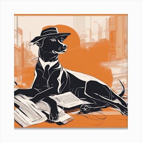 A Silhouette Of A Dog Wearing A Black Hat And Laying On Her Back On A Orange Screen, In The Style Of Canvas Print