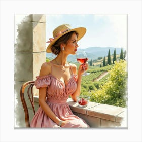 Elegant Italian Woman In Watercolor, Enjoying A Fine Wine In Tuscany Canvas Print