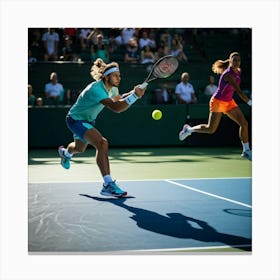 Tennis Match Captured In Mid Action Players Frozen Mid Swing With Rackets Poised To Strike Sunligh (2) Canvas Print