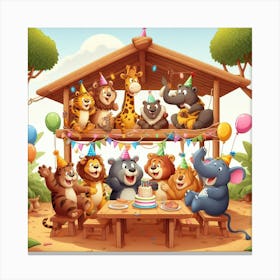 Birthday Party In The Jungle - A group of jungle animals are having a party in a treehouse. The animals are all different shapes and sizes, and they are all wearing funny hats and costumes. The treehouse is decorated with balloons and streamers, and there is a big cake in the middle of the table. The animals are all laughing and having a good time. 3 Canvas Print