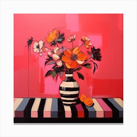 Stylised Bouquet of Flowers in a Striped Vase Canvas Print