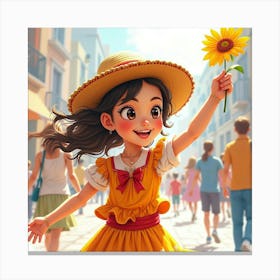 Spanish Girl In A Joyful Parade, Watercolor With Festive Brightness 1 Canvas Print