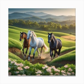 Three Horses Running In A Field Canvas Print