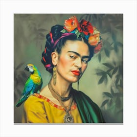 Frida Kahlo Selbstportrait mit Papagei Malerei Kunst, Florale Blumen Motiv Canvas Print