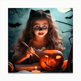 Little Girl Halloween Pumpkin Canvas Print