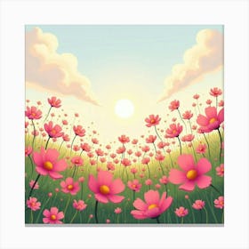 A Field Of Blooming Cosmos Flowers With A Soft, Dreamy Sky 2 Canvas Print