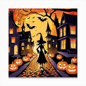 The Picture Captures A Vibrant Halloween Street Scene Adorned With Intricately Carved Jack O Lante (7) Canvas Print