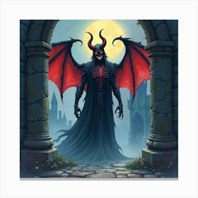 Demon In Haunted Castle, Watercolor, Dark And Colorful 1 Canvas Print