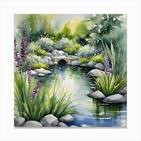 Serene Garden Pond with Stone Bridge - Watercolor Landscape Painting Canvas Print