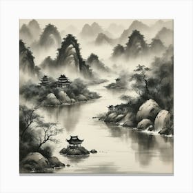 A traditional Chinese ink painting of a river, with delicate brushstrokes and a monochromatic color scheme, capturing the essence of nature and the flow of life. Canvas Print