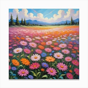 Vibrant Wildflower Meadow With Mountain View Canvas Print