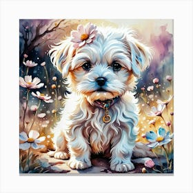Cute Floral Maltese Puppy With Flowers Canvas Print